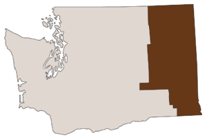 Outline of the state of Washington in light brown with shaded area representing the Eastern area in dark brown