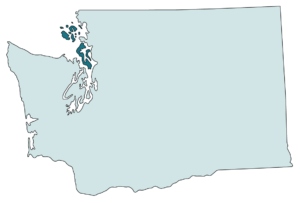 Outline of the state of Washington in light blue with shaded area representing the Islands area in dark blue