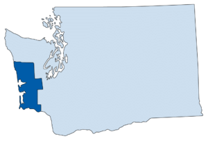 Outline of the state of Washington in light blue with shaded area representing the Pacific Coast area in dark blue