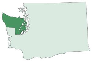 Outline of the state of Washington in light green with shaded area representing the Olympic Peninsula area in dark green