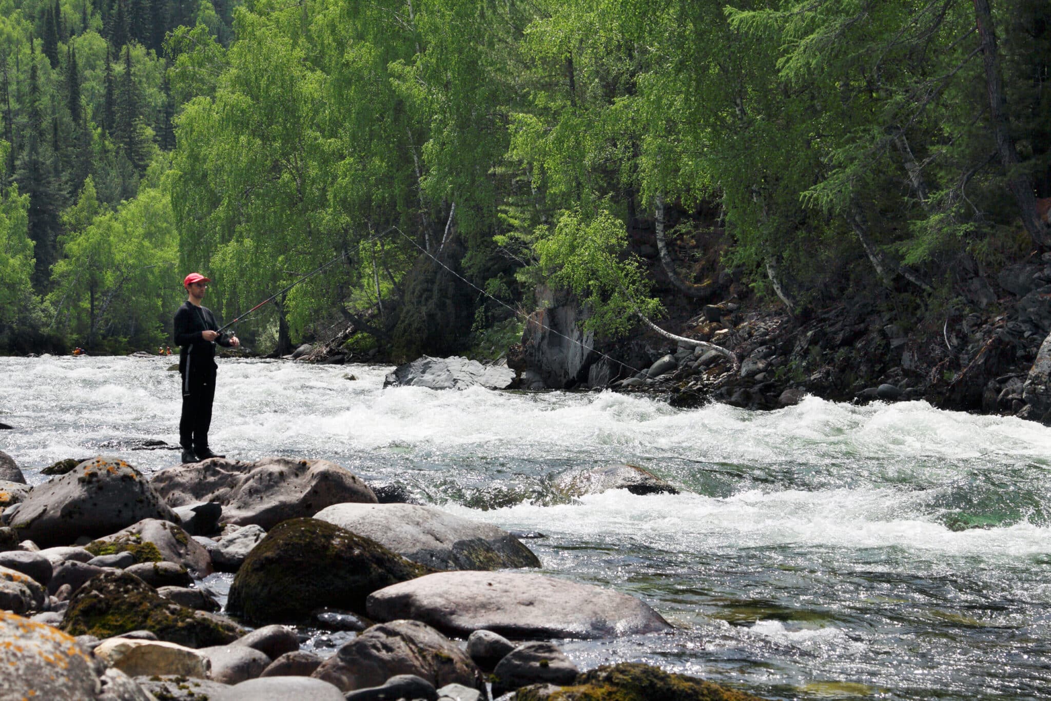 The fisherman catches fish in the mountain small river