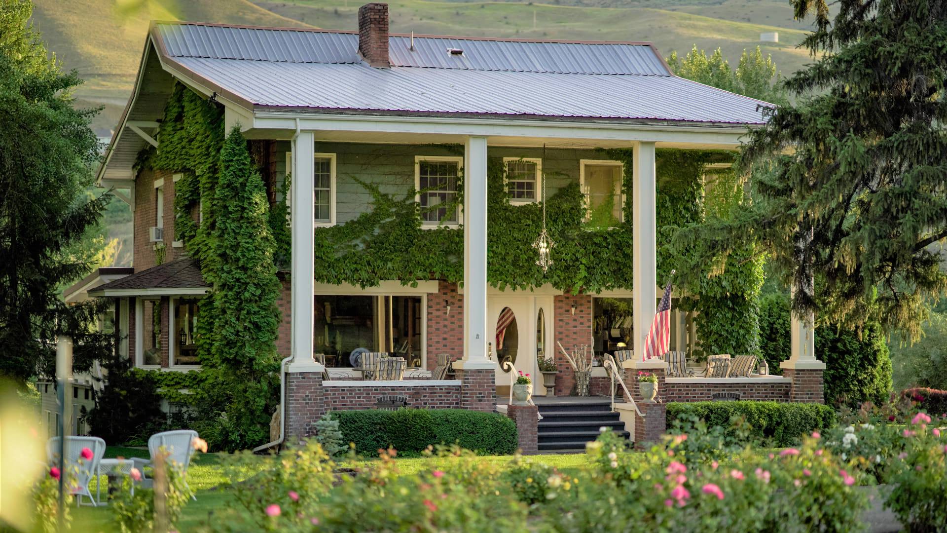 Exterior view of property with red and black brick, white trim, sprawling ivy, front patio, green grass, green shrubs, and green trees