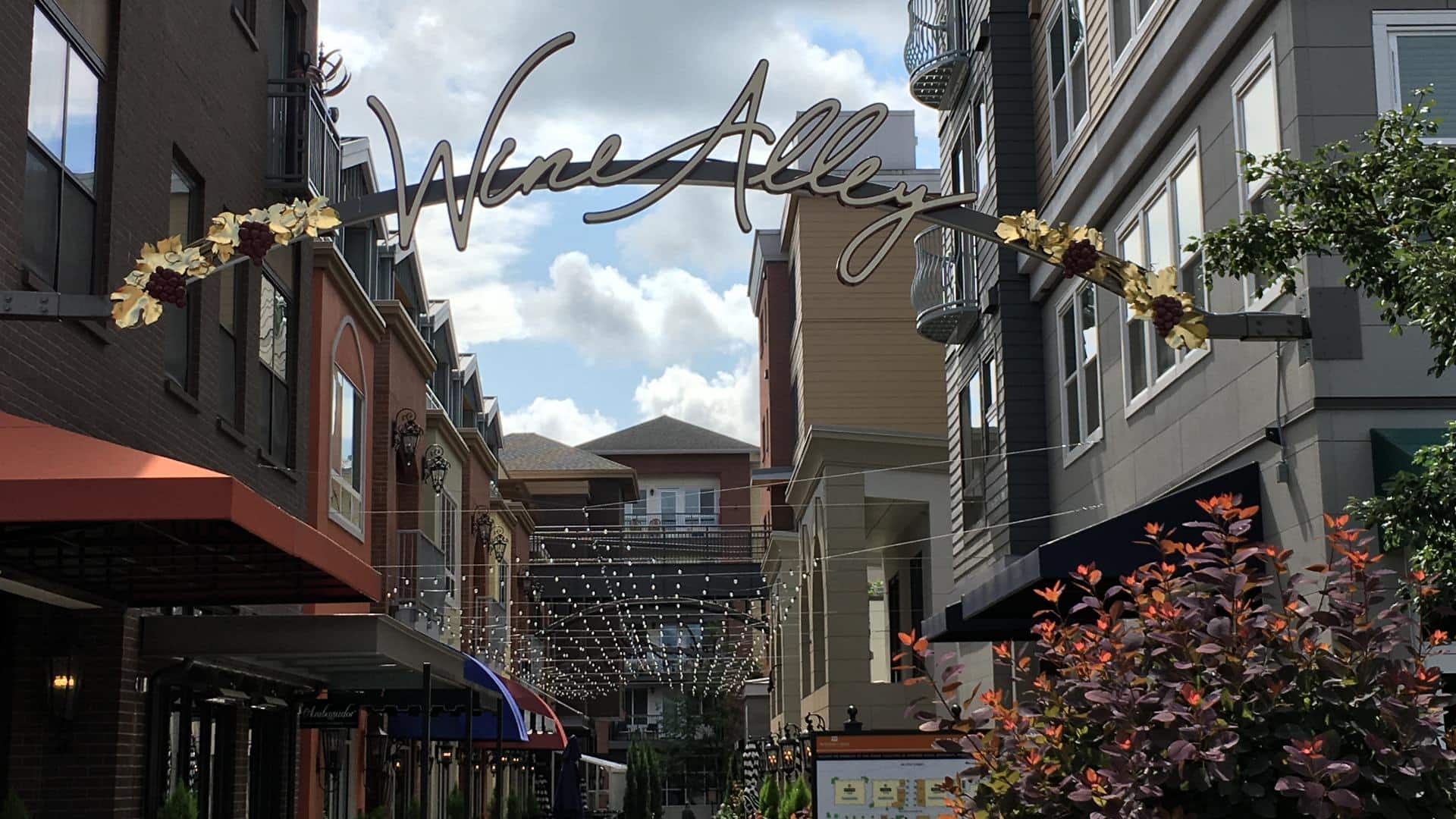 Large metal Wine Alley sign and string lights hung over an open sidewalk area between two buildings