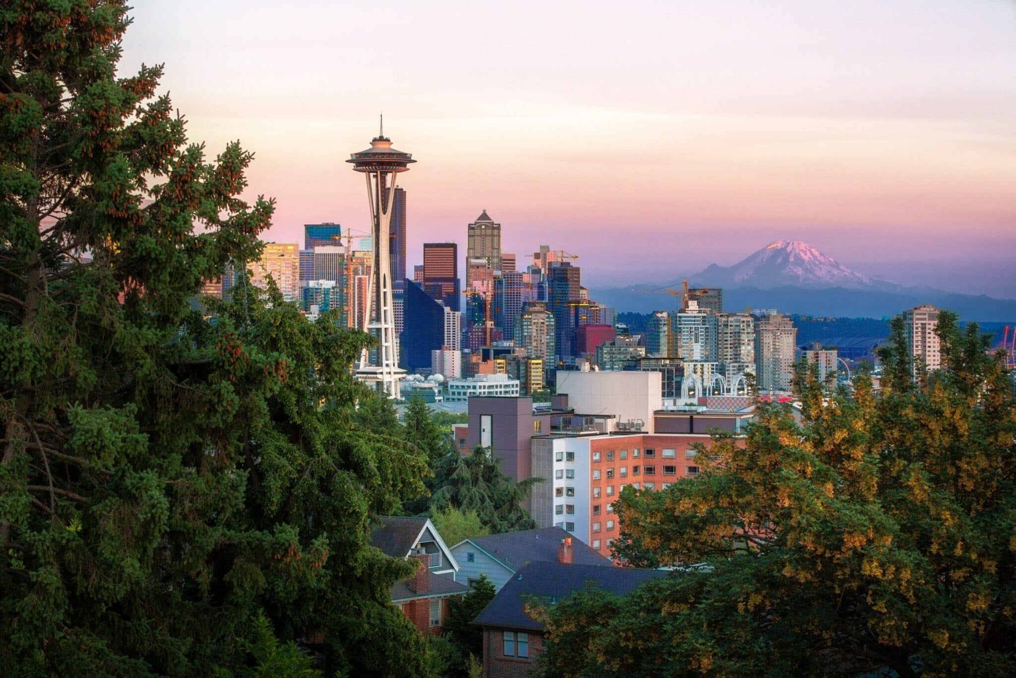 Seattle skyline sunset and Mount Rainier